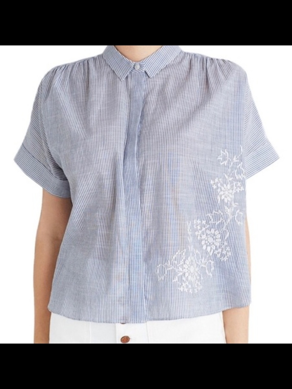 Madewell Striped Blue Short-Sleeve Button-Front Top with White Floral Embroidery